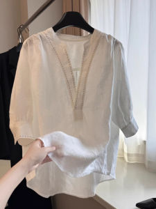 Chao Level Recommendation! Classic Preppy Style White V-Neck Linen Shirt Summer New Arrival Breathable Versatile Womens Fashion Sun Protection Top