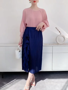 B- 994f# Summer High Waist Slimming Draping Pleated Skirt WomenS Flower Lotus Leaf Shape One Size (45-75kg)