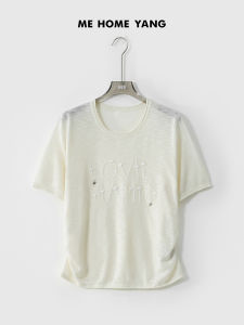 Deep Grey Short Sleeve T-Shirt Embroidered Love Heart by Old Yang Summer New Style Womens Loose Fit Knitted round Neck Top