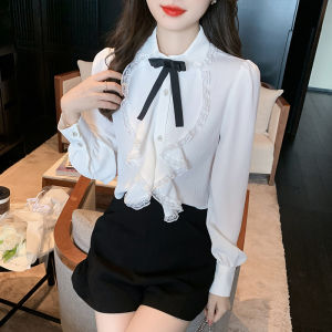 AMMIN เสื้อเบลาส์สำหรับฤดูใบไม้ผลิและฤดูใบไม้ร่วงเสื้อชีฟองคอปกพร้อมโบว์ตกแต่งแขนยาวหรูหราสไตล์ฉบับภาษาเกาหลีกลวงชิคๆลูกไม้เย็บขอบเสื้อสำหรับเดินทาง2023