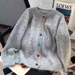 IELGY Lazy style sweet embroidered knitted cardigan womens colorful button loose sweater jacket