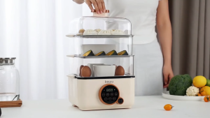 Phlinice Electric steamer/cooker multi-functional household three-layer steamer/stewer made of stainless steel and PC materials.