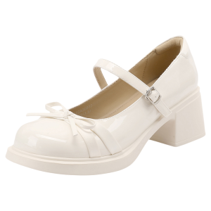 Josiny | White Coarse Heel Mary Jane High Heels Thick Soled
