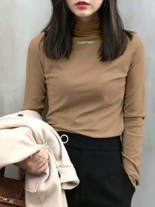 2023 Half Turtleneck Velvet Padded Bottoming Shirt Women Pullover Alphabet Embroidery Slim Fit Student Pure Color Long Sleeves T-Shirt Women