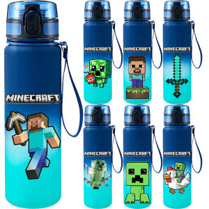 Bandai | 650ML Game MC Pixel Style Water Blue Bottle Portable Water Cup Large Capacity Sports Outdoor Plastic Leak-Proof Water Bottle