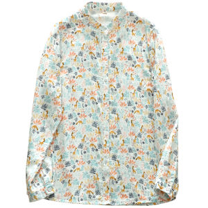 Artistic Long Sleeve Cotton Shirt Womens Soft Skin-friendly Breathable Double-layer Cotton Gauze Printed Small Stand Collar Base Top