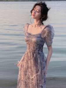 Elegant French Fairy Long Dress Bubble Sleeve Floral Print Summer Slimming Womens High Waist A-Line Dress Commute Simple Style