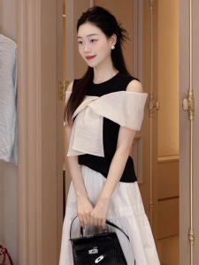 Chic Summer Slim Fit Womens T-Shirt with Butterfly Knot Shoulder Bared Short Sleeve Korean Style Commute Fashion Unique Beautiful Top