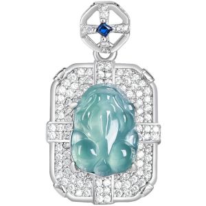 TIMESWIND Natural Jade Blue Small PIXIU Square Full Zircon Women S925 Necklace with Certificate