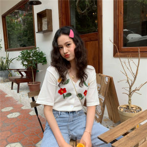 For Plump Women V-neck Female Summer Flower Embroider Loose Short Sleeve Ice Silk Knitting Open Plus Size Fashion Casual Ice Silk T-shirt Tops