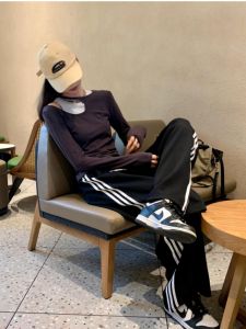 American Stripe Sport Pants Womens Casual Trousers Loose Wide Leg Straight Cut Pure Cotton Spring Season Three Stripe Patchwork