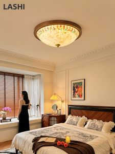 LANGSHANGZHAOMING | Retro Walnut Creative Shell Multicolor Glass Bedroom Ceiling Light