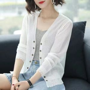 V-neck Ice Silk Short Jacket Women Korean Loose Lace Stitching Sunscreen Knitted Cardigan Summer Thin Hollow Breathable Shawl Top