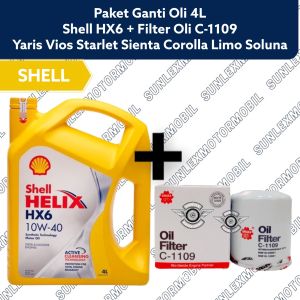 PAKET GANTI OLI 4L VIOS YARIS SOLUNA SHELL HX6 10W-40 + FILTER OLI C-1109 SAKURA