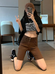 High Waist Slim Fit Five-Quarter Denim Shorts Womens 2025 Spring Autumn New Style Elastic Slimming Versatile Casual Sports Riding Pants