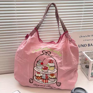 Crystal Tiara Japanese Style Embroidery Double Layer Cake Eco-friendly Bag Canvas Bag Female 2024 Shopping Bag Commuter Bag