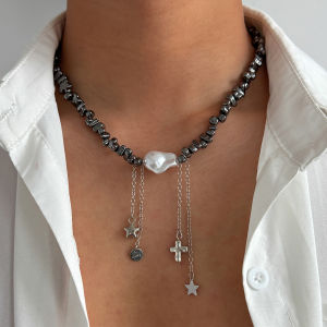 Ingemark | Ingemark Fashion Imitation Pearls CCB Beaded Necklace Women Hip Hop Punk Five-pointed Star Pendant Necklace Steampunk Jewelry