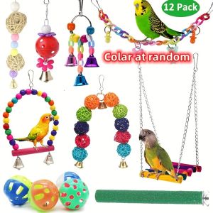 12pcs Pack Bird Toy Cage Bird Accessories Wood Parrot Toys Bird Toy Swing Suspension Bridge Ball Cage Bells Pet Supplies Set