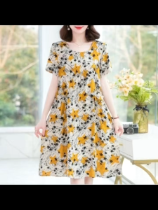 Mom Dress Plus Size Elegant Flower Dress Loose And Comfortable Mid-length Middle-aged Dress 4007