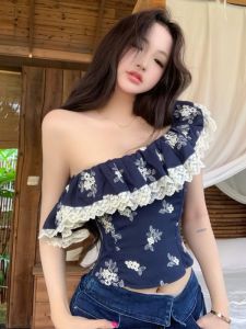 GUZILIAN | Retro Printed One-Shoulder Ruffled Short Cropped Top