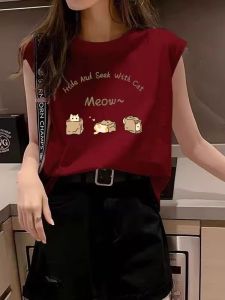 Áo Thun Bóng Rổ Cotton Rộng Rãi Không Tay Nữ Phong Cách BF Thiết Kế Tay Ngắn Thường Ngày Mùa Hè 2025 Màu Trơn in Họa Tiết