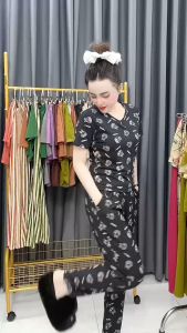 Set đồ bộ thun gân mặc nhà áo cổ tim nguyên bộ labubu ép nhiệt họa tiết dễ thương 45-75KG TK928