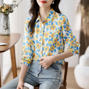 AMMIN 2024 new fashion loose Long sleeve floral chiffon shirt For women Korean style fashion elegant casual commuting floral chiffon top