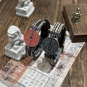 Handcrafted Original Chinese Retro Style Bracelet with Heavenly Stems Earthly Branches Mountain Ghost Design Top Layer Cowhide