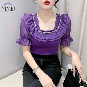YIMEI ผ้าฝ้ายบริสุทธิ์เสื้อยืดปักหมุดแขนสั้นเข้ารูปหูขอบสั้นสำหรับผู้หญิงใส่ในฤดูร้อนเสื้อยืดของผู้หญิงสีขาวคอสี่เหลี่ยมใส่สบาย