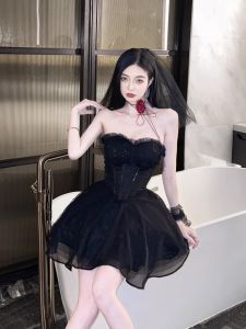 Elegant Black Strapless Gown Womens High Waist Princess Style Puffy Skirt Adjustable Shoulder Strap Evening Dress Sensation