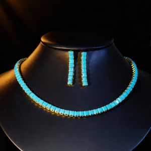 SEQUITO Women Fine Jewelry Set Inlay Sky Blue Squre Cut AAAAA Cubic Zirconia Anniversary Yellow Gold Plated Long Dangle Earrings Necklace SJ464