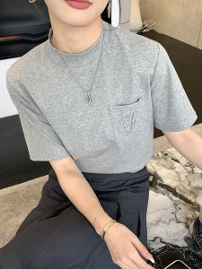 Stylish Knitted Cotton Half-High Collar Short Sleeve Loose Base Shirt Trendy Summer T-Shirt for Women in Grey Korean Style Commute