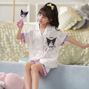 Miiow | Cat Person Childrens Sleepwear Set Ice Silk Breathable Cool Sensation Home Clothes Short Sleeve Flip Collar Polyester Fiber
