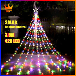 Solar Christmas Tree lights 3.5M Waterfall String Light 420 LED Remote Control Waterproof Light Festive Decorations Star String Lights for Fairy Light for Garden Wedding