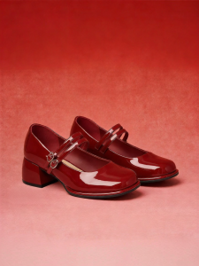 Josiny | Red French Style Mary Janes Shoes Chunky Heel