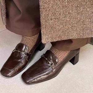 Genuine Leather Slip-On Loafers Womens Spring Autumn New Vintage Square Head Thick Heel Fashionable Flat Mouth Shoes