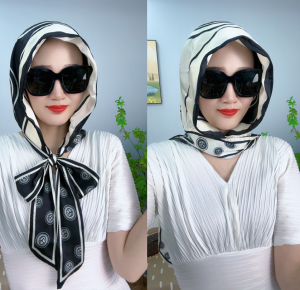 หมวกผ้าพันคอไหมสองหน้าสองสีแฟชั่นฤดูใบไม้ผลิและฤดูร้อน หมวกกันแดดแบบทันสมัยพร้อมโบว์ผ้าพันคอสำหรับผู้หญิง