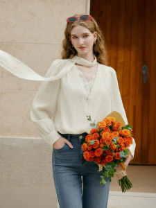 XIANGYING | French White Bow Ribbons Lace Panel V-Neck Long-Sleeve Blouse