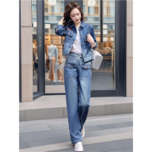 LIANGYILAILIN | Bộ Quần Jeans Nữ Thời Trang Giảm Cân Với Quần Ống Rộng