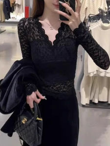 chaqi | Áo sơ mi ren gợi cảm cạp thấp tay bồng cổ chữ V Áo lót nữ mùa xuân có đệm ngực Áo khoác ngoài gợi cảm