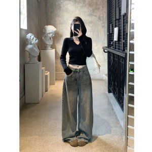 Tall Womens Loose Fit Floor-Length American Retro Blue Wide Leg Jeans Low Waist Denim Pants Autumn New Style Slimming Trousers