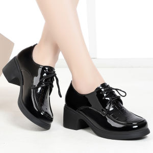 Womens Soft Bottom Genuine Leather Single Shoes Spring New Style Painted Leather Thick Heel British Style High Heels Buckle Shoes