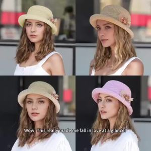 Womens Summer Sun Hat Flower Bucket Hats Rolled Brim Sun Shade Outdoor Beach Travel Bucket Hats for Fishing Camping Traveling