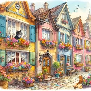 Bộ Dụng Cụ Thêu Chữ Thập HUACAN Dành Cho Người Lớn Tranh Thêu Cảnh Nhà Cửa Hoa Hồng Mèo Trên Vải In Sẵn 11CT.