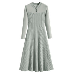 Tina CLUB plus Size Knitted Dress Slimming Waist Stand Collar Autumn Fashion Korean Style Commute A-Line Midi Dress