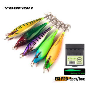 YOOFISH 5pcs Luminous Squid Jig Wood Shrimp Squid Hook 65/75mm Fishing Lures Octopus Cuttlefish Shrimp Saltwater EGI Baits
