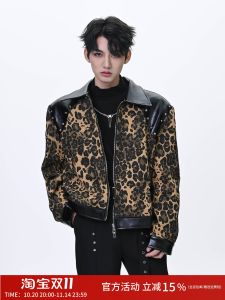 YIFAN American Retro Color Block Leopard Print Jacket Mens Heavy Duty Rhinestone Design Rivet Splicing Street Style Zipper Coat