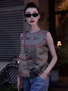 New Chinese Style Sleeveless Vest Womens Spring Autumn Loose Silk Feel Vest Vintage Money Style Printed round Neck Single Button