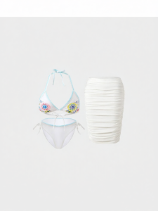 Mybody | Ethnic Print Halter Strap Three-Piece Bikini Swimsuit