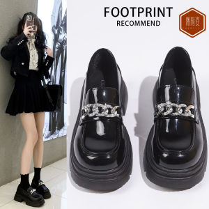 Black Chain Mary Janes Womens Thick Heel Slip-On Shoes Japanese Style Fashion Single Shoes round Toe Mid-Cut PU Material